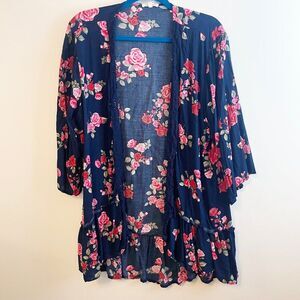 Navy Blue Pink Red Rose Floral Boho Garden Party Kimono Maurices Size XL